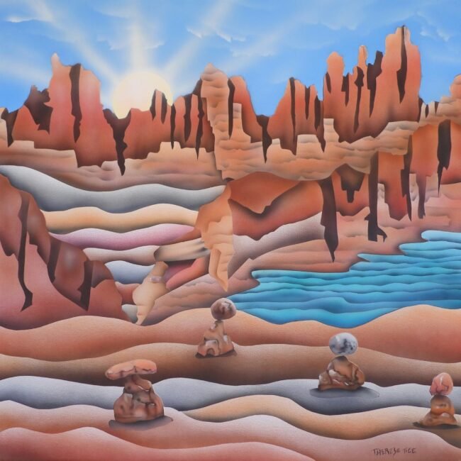 Southwest canyon landscape painting by Therese Tice featuring a radiant sunrise, layered rock formations, a turquoise lake, and stacked stone formations symbolizing guidance and balance, created in her signature airbrushed style.