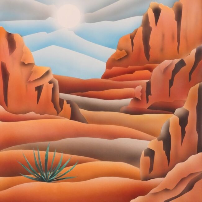 Stylized Southwest desert painting by Therese Tice featuring radiant sunrise light breaking through layered clouds, red rock canyon formations, and a single agave plant in her signature airbrushed style.