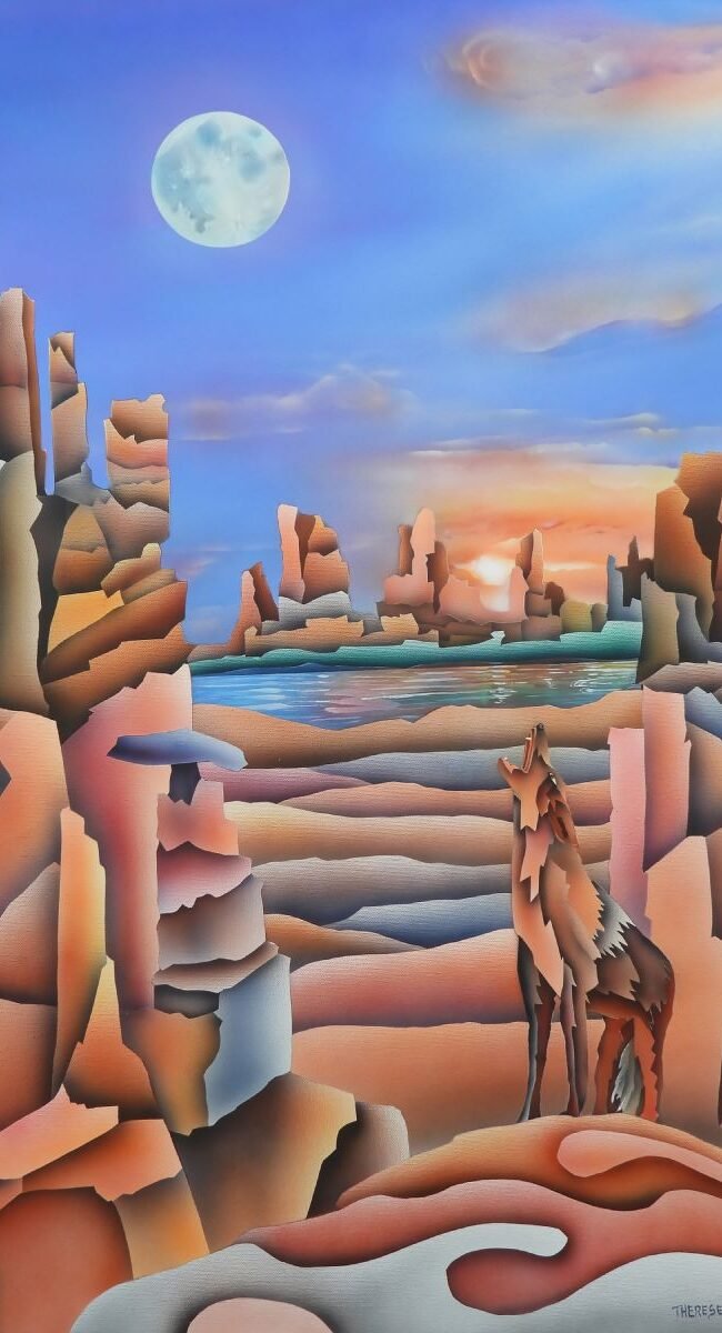 Southwest canyon landscape painting by Therese Tice featuring a howling coyote, a glowing moon, a vibrant sunset over layered rock formations, and a reflective blue lake, created in her signature soft airbrushed style.