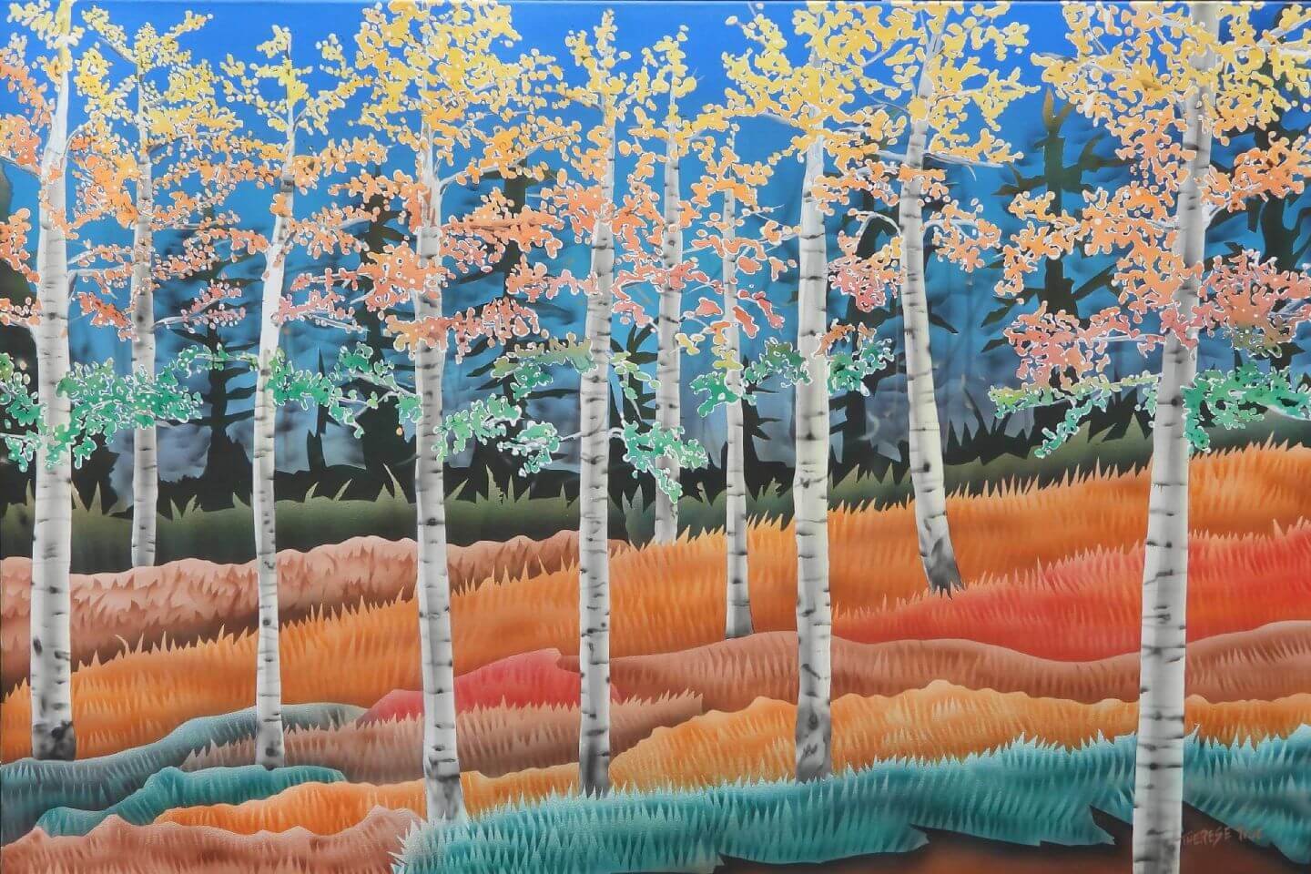 Colorful autumn birch forest with white trunks, layered rolling hills, and vibrant fall foliage under a blue sky