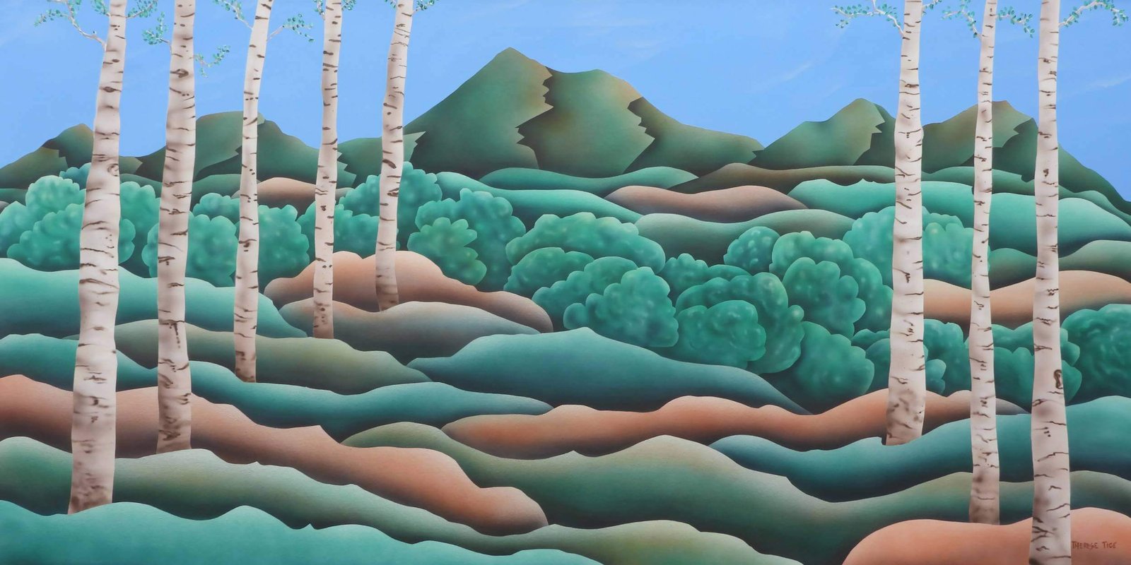 Stylized birch forest with layered rolling hills, green foliage, and distant mountains under a clear blue sky