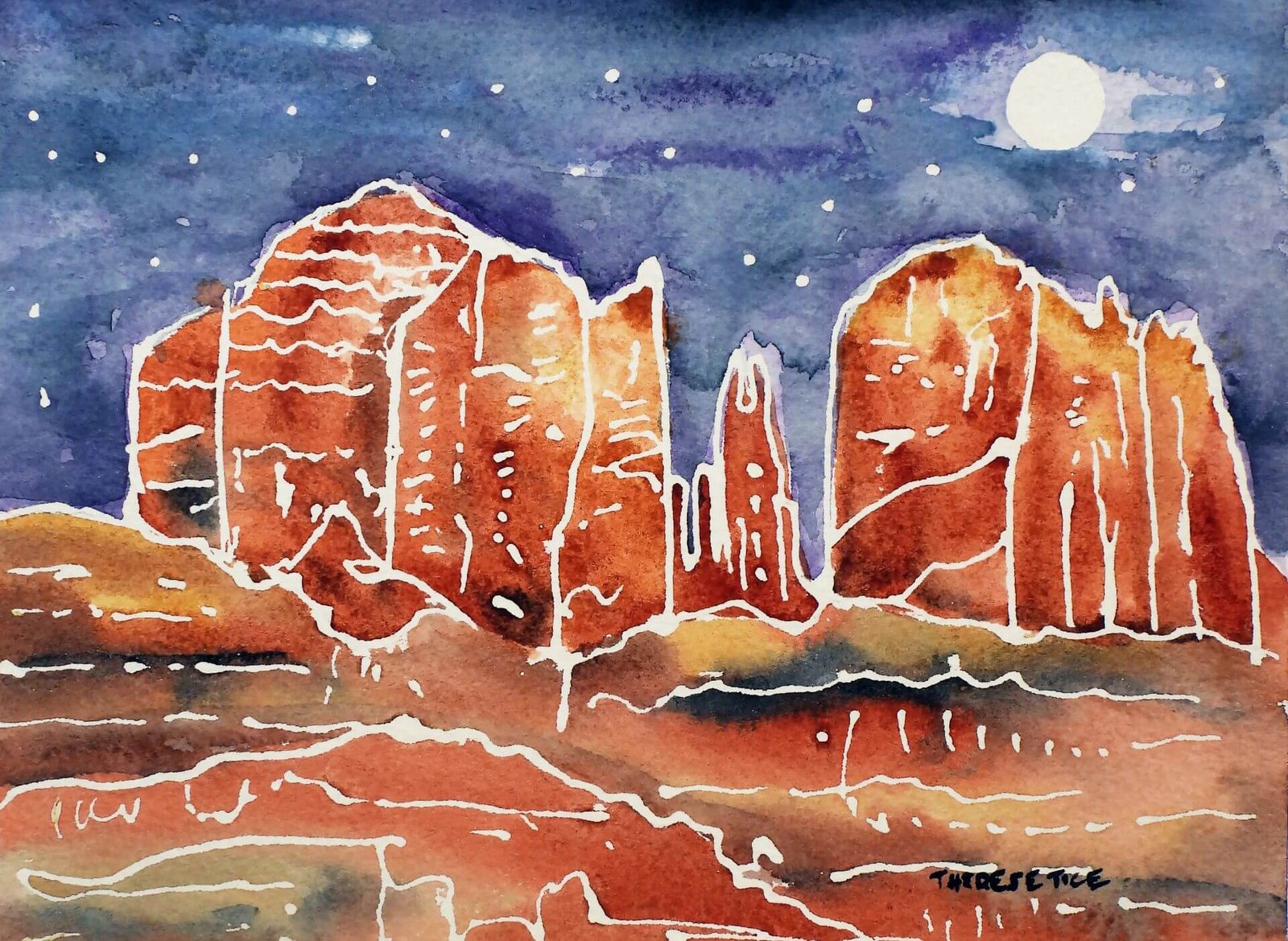 Watercolor painting of red desert rock formations under a starry night sky with a bright moon