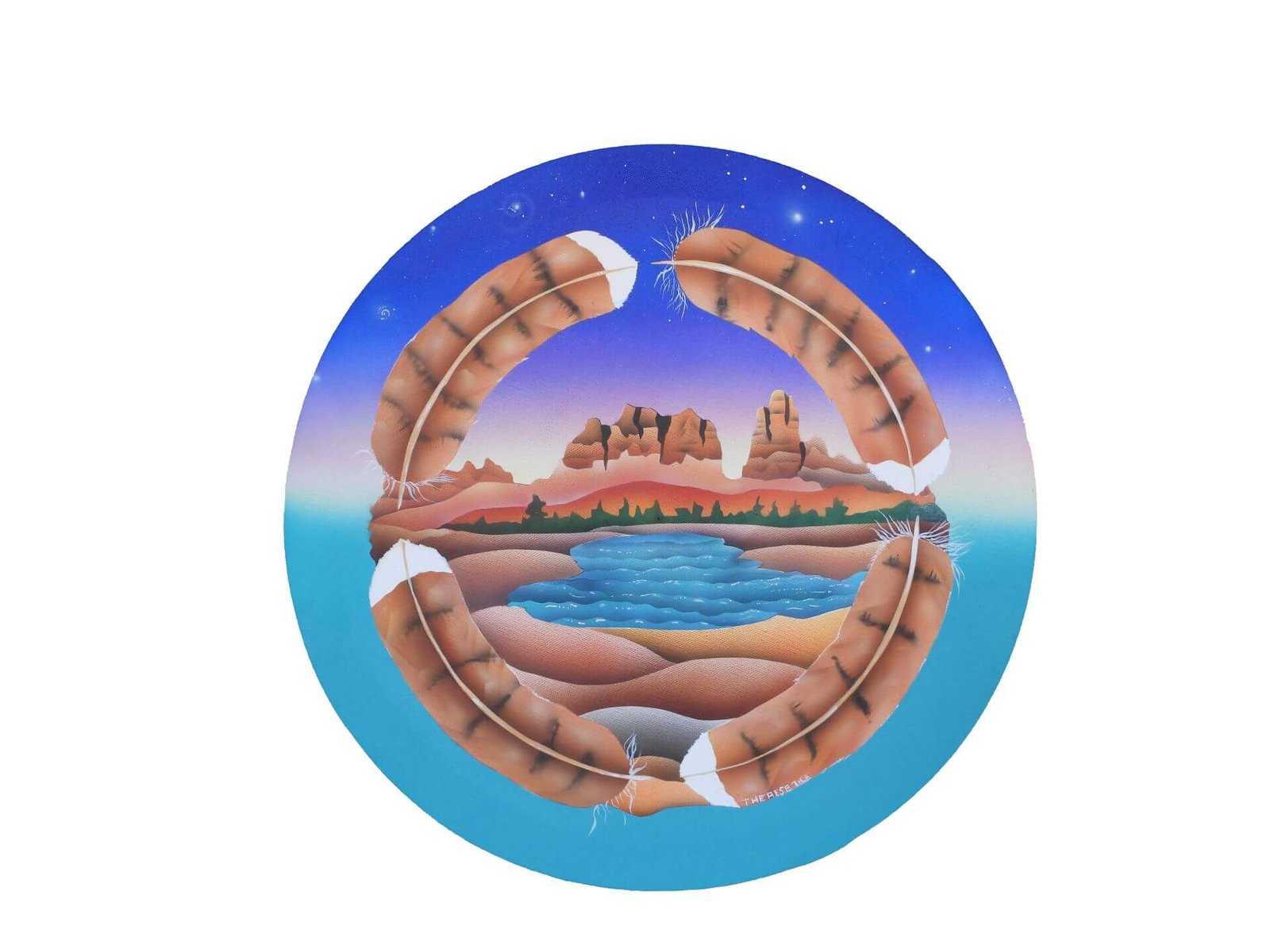 Circular desert landscape artwork featuring sandstone formations, blue water, and a feather ring framing a twilight sky
