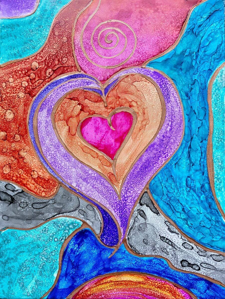 Abstract watercolor heart with layered colors, gold outlines, and swirling textures symbolizing love and vitality