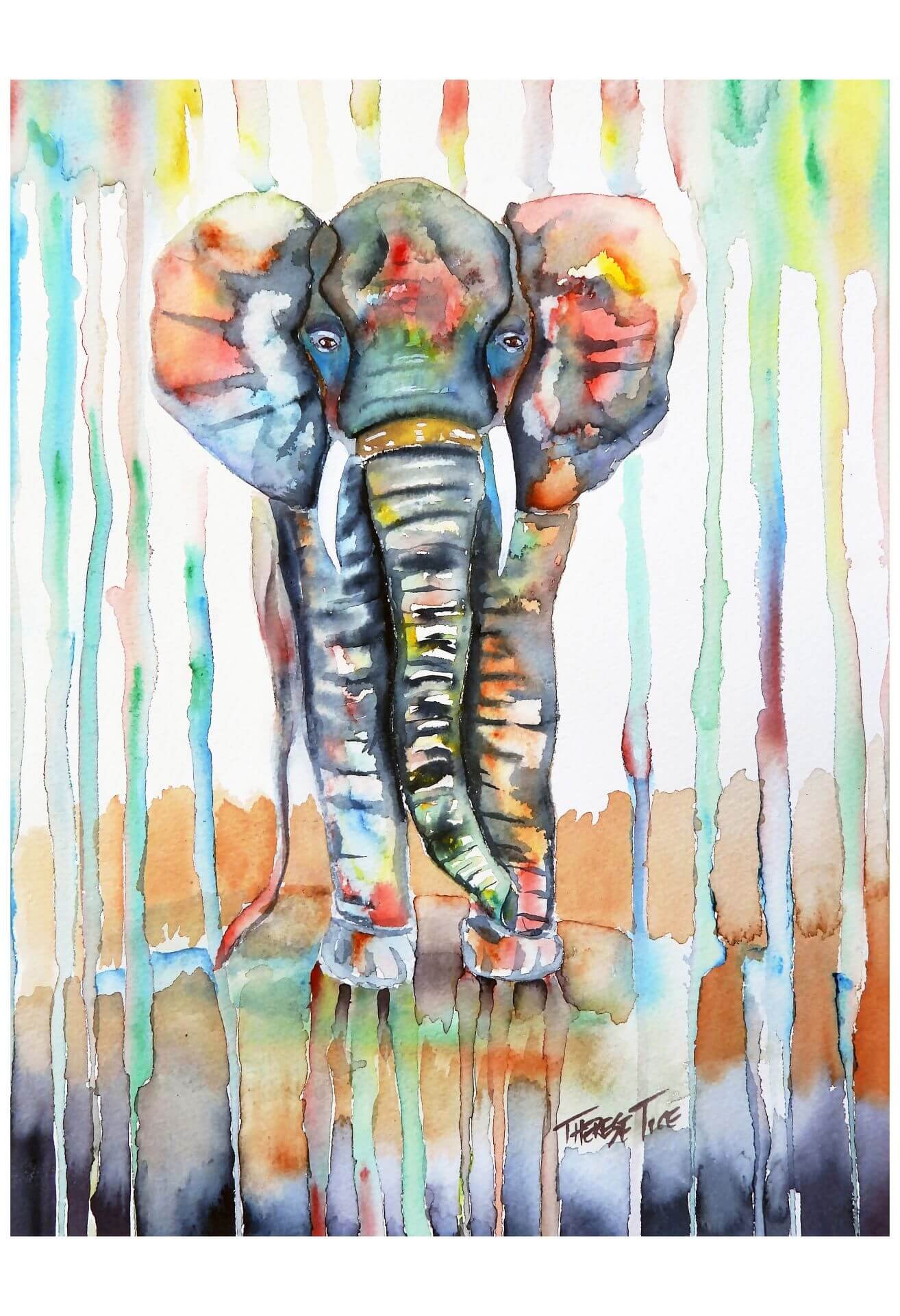 Watercolor painting of a front-facing elephant with colorful paint drips and expressive texture