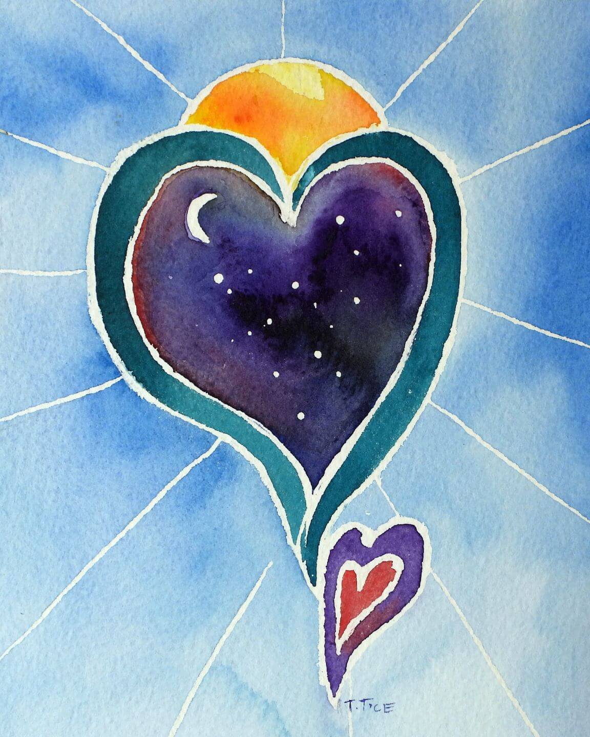 Watercolor painting of a heart-shaped night sky with stars and crescent moon, flowing into a smaller heart below