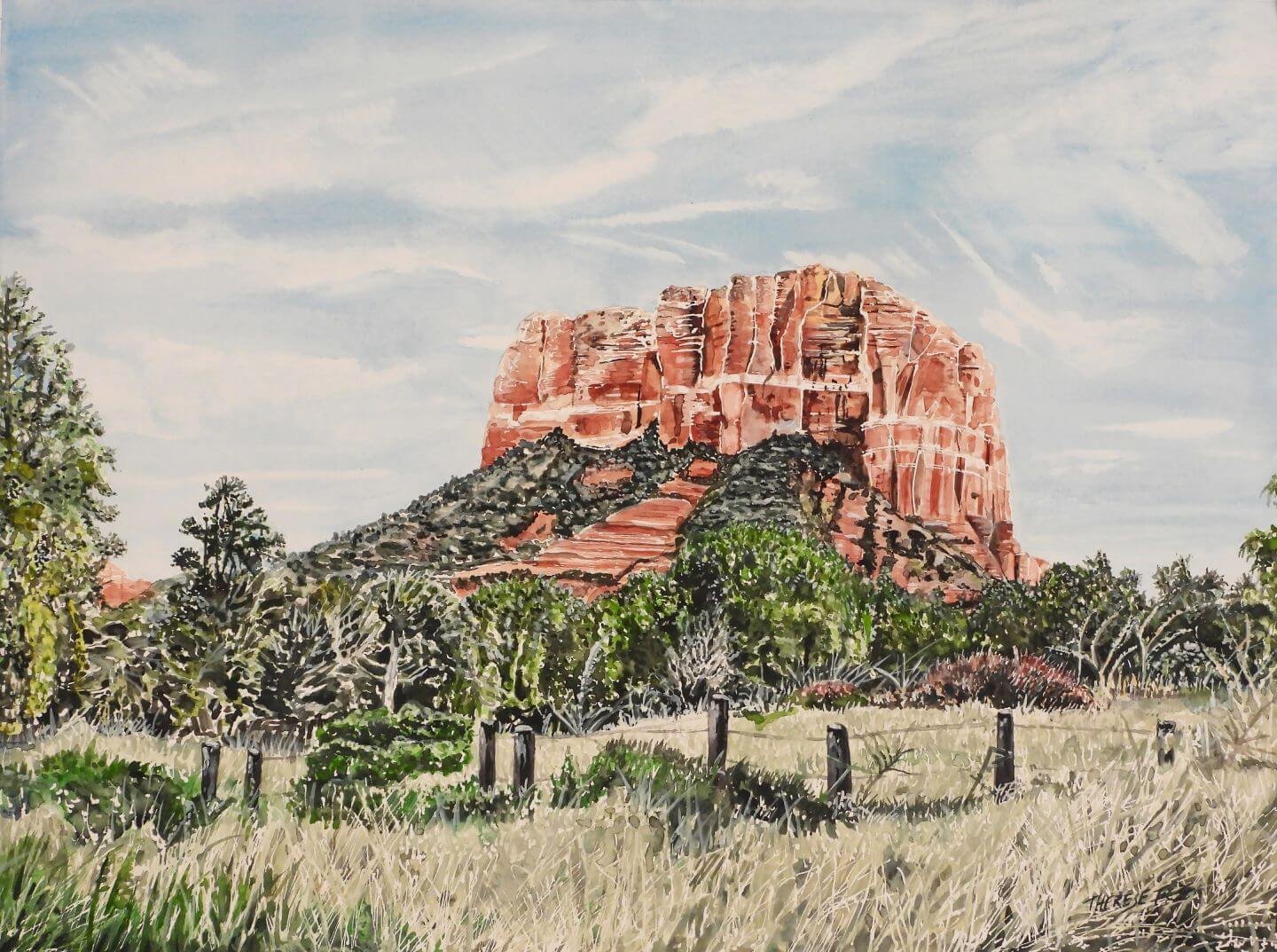 Watercolor landscape of Courthouse Rock in Sedona with grassy foreground and desert trees