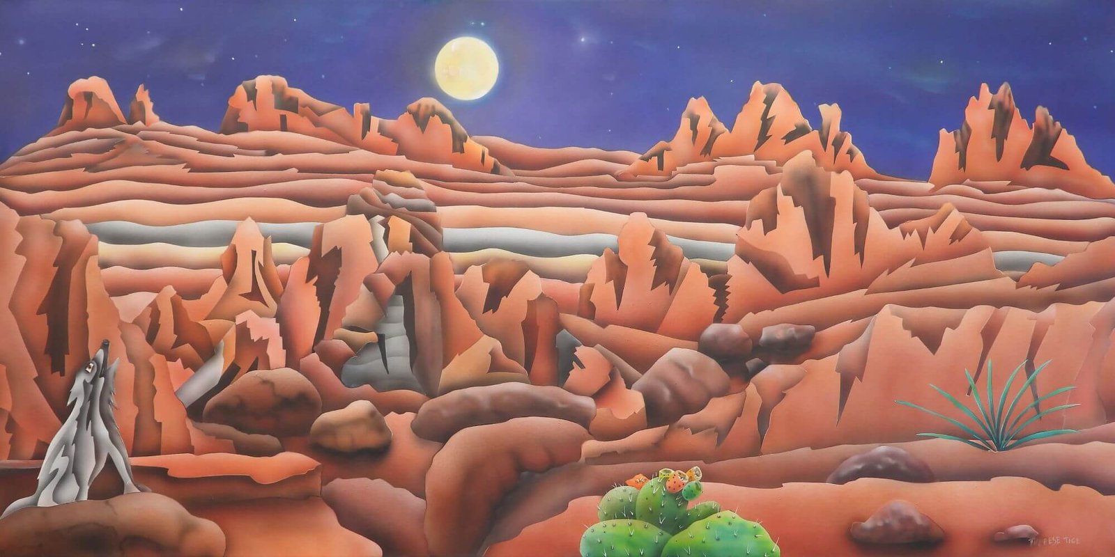 Coyote howling in a moonlit desert canyon with layered sandstone formations, cactus, and a starry night sky