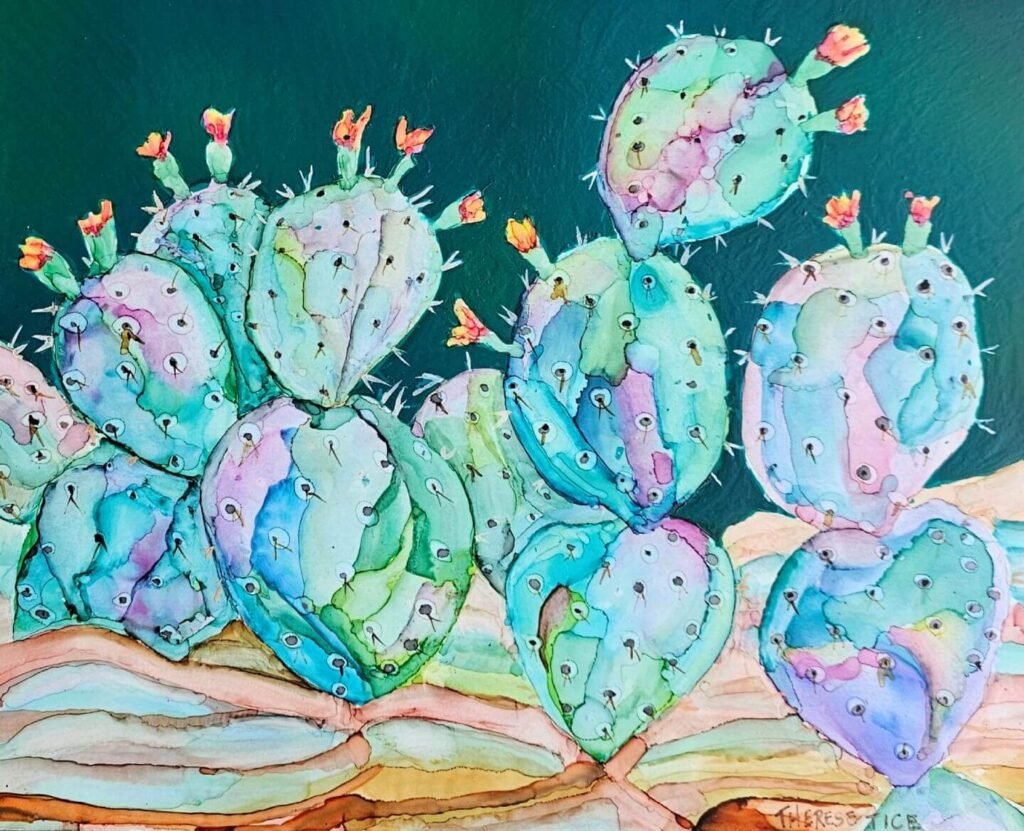 Colorful watercolor painting of prickly pear cactus pads with small blooms against a dark sky