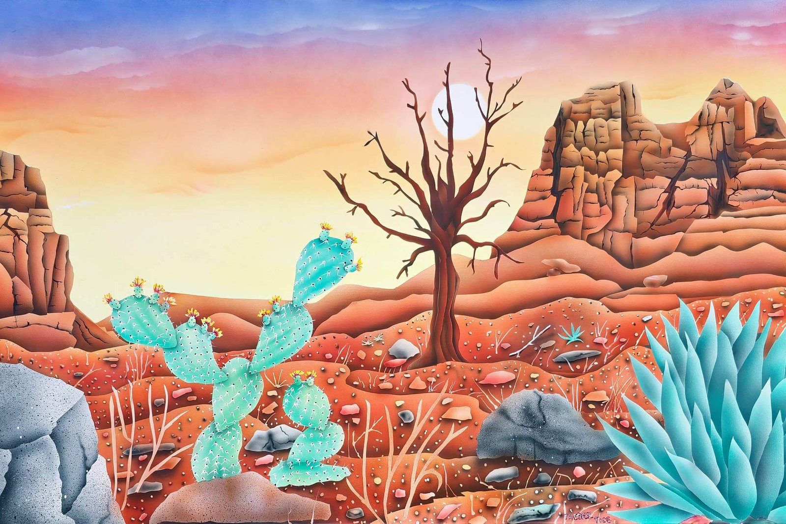 Desert landscape at sunset with blooming cactus, agave plant, rocky terrain, and a bare tree against warm sky tones