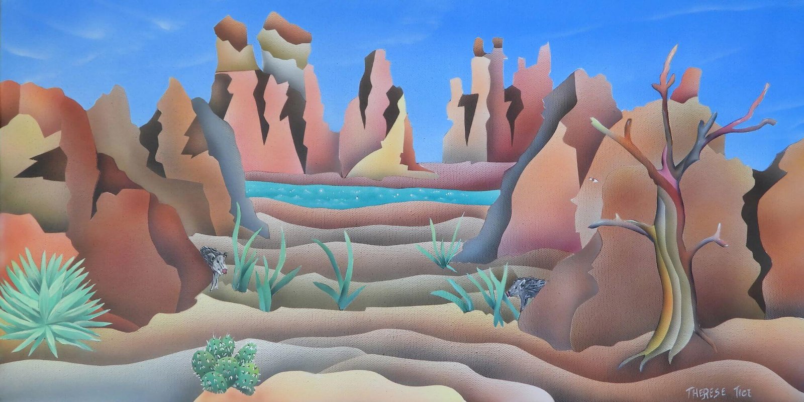 Stylized desert canyon scene with two javelinas among agave plants, cactus, layered sandstone, and a blue water pool