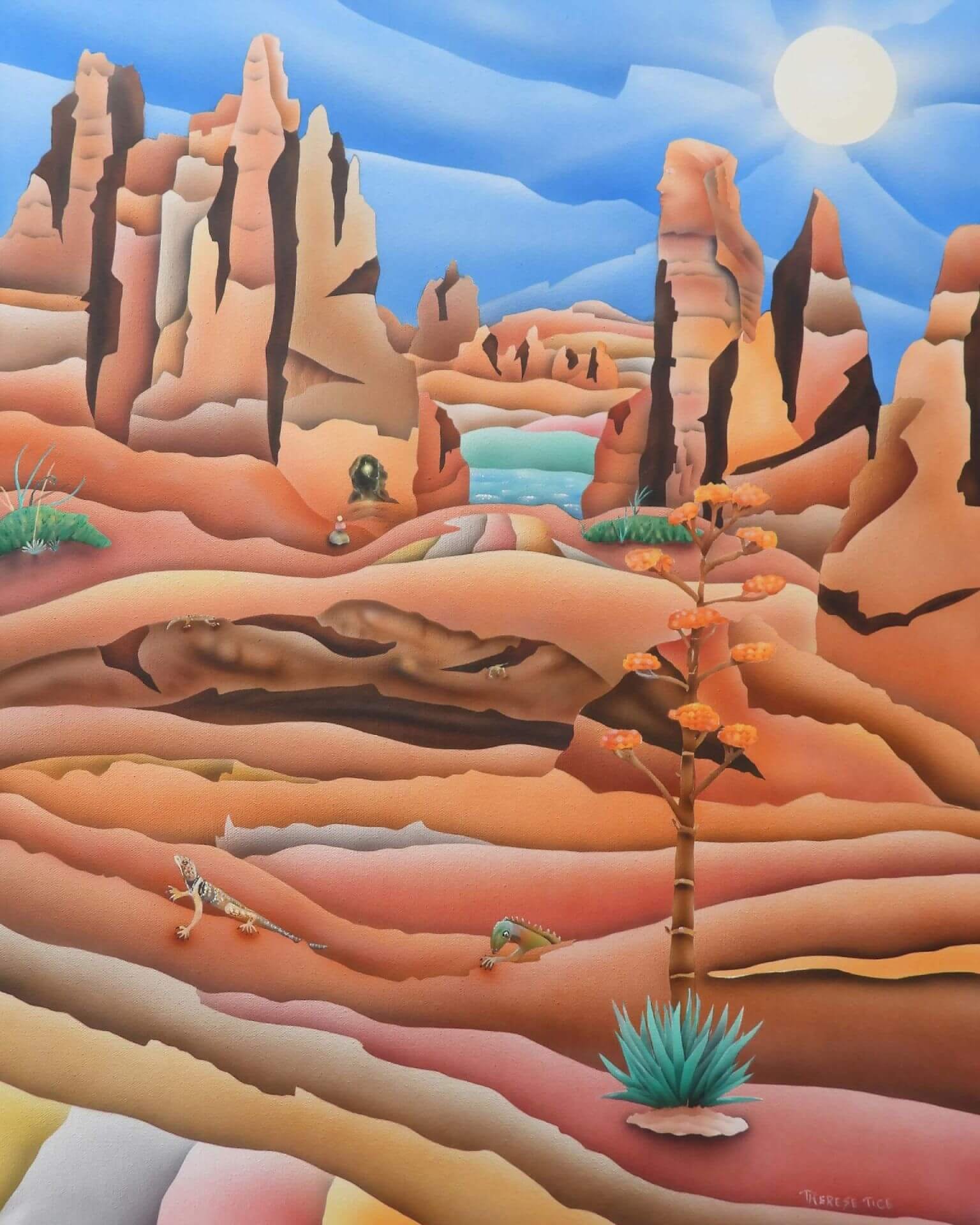 Stylized desert canyon landscape with layered sandstone, lizards on the ground, an agave plant, and sunlit rock formations