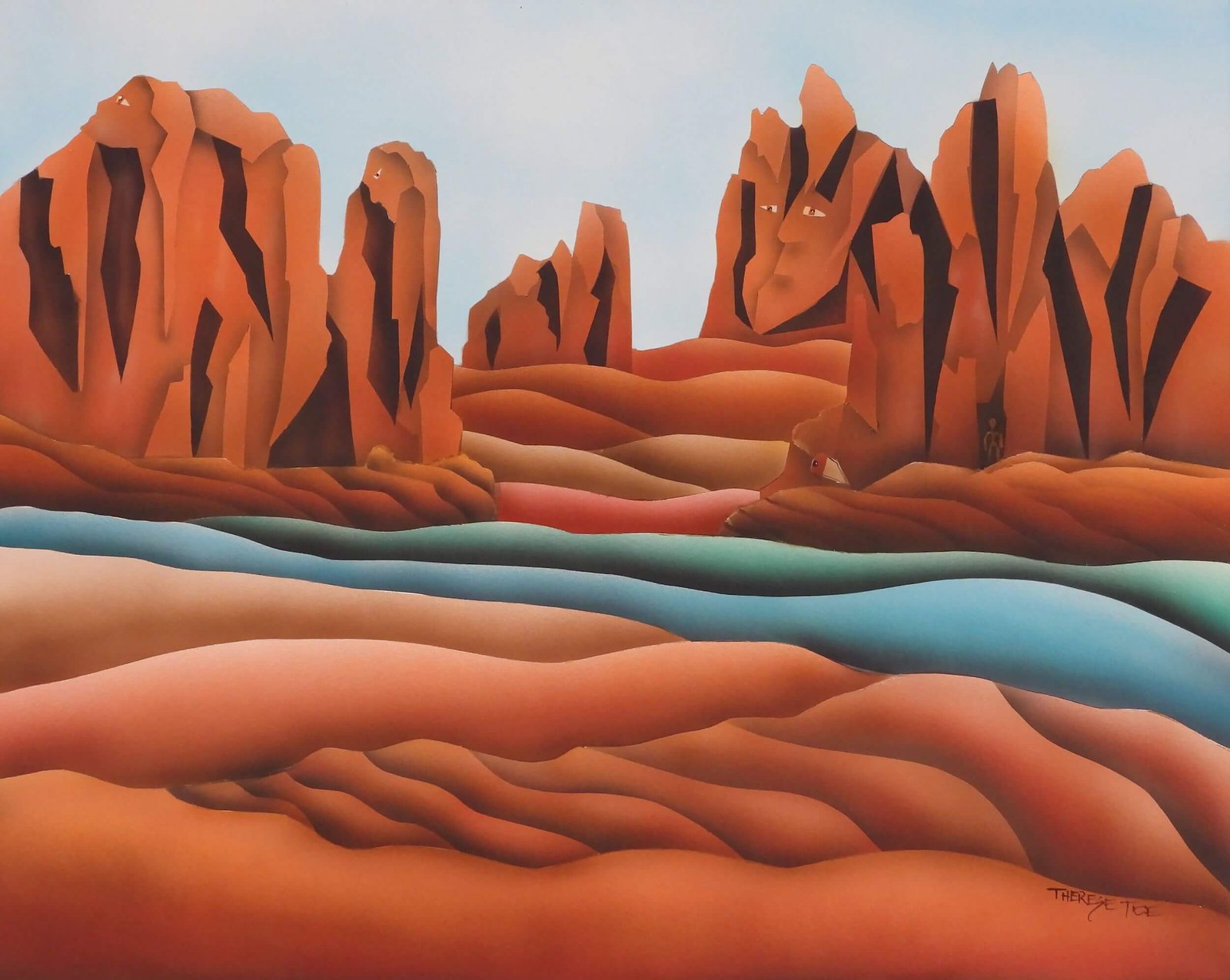Stylized desert canyon with tall red rock formations, layered sandstone terrain, and a winding blue river