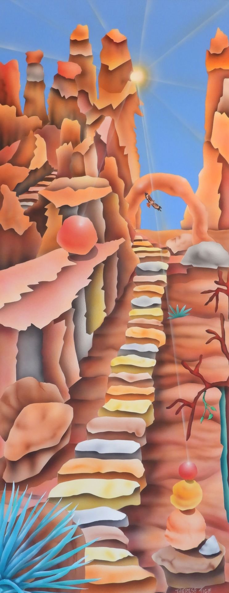 Stylized desert canyon with a winding stone stairway, tall rock spires, a natural arch, sun rays, and an eagle in flight
