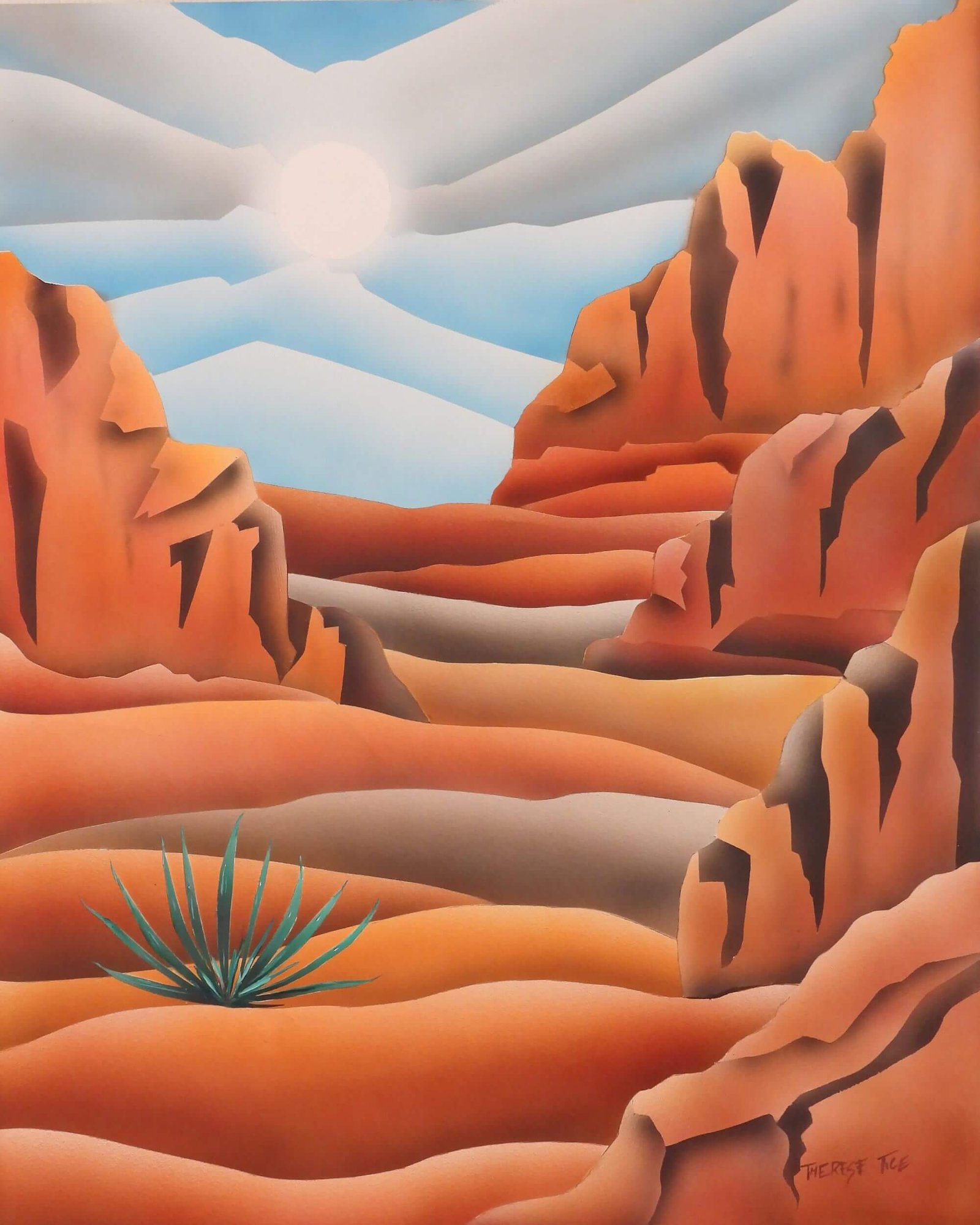Stylized desert canyon landscape featuring layered sandstone formations, warm orange tones, and a soft sunburst sky with a minimalist artistic style.