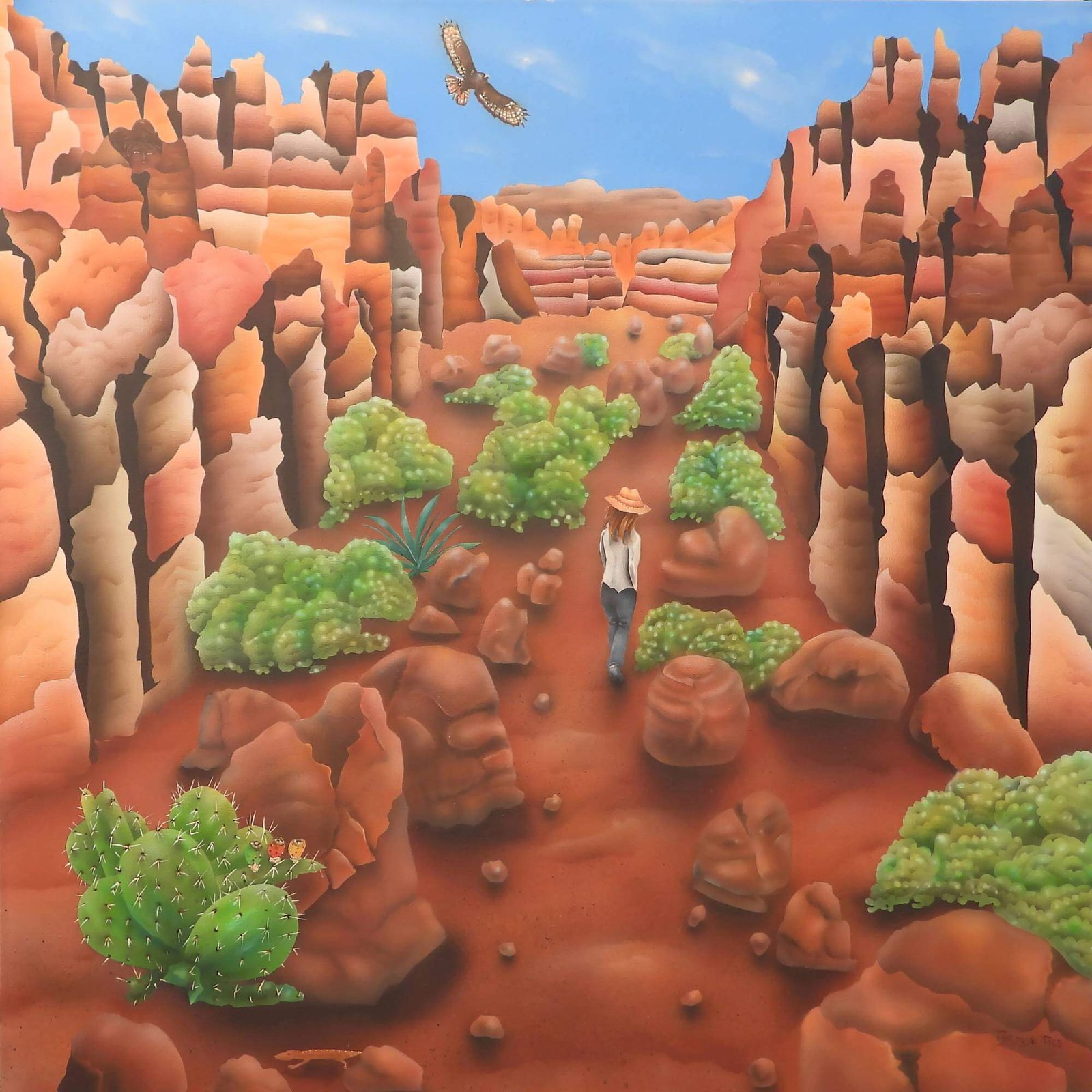 Person walking through a red rock desert canyon surrounded by sandstone cliffs, green shrubs, cactus, and an eagle flying overhead