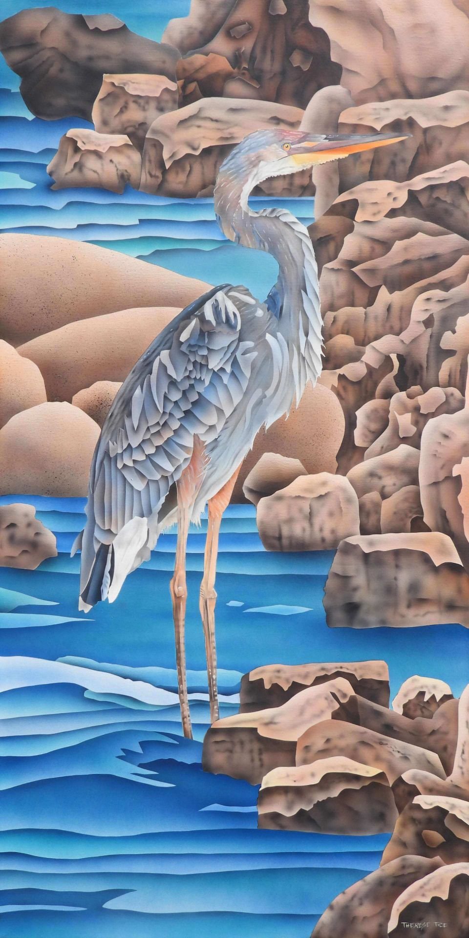 Great blue heron standing in shallow blue water among rocky shoreline formations in a stylized coastal scene