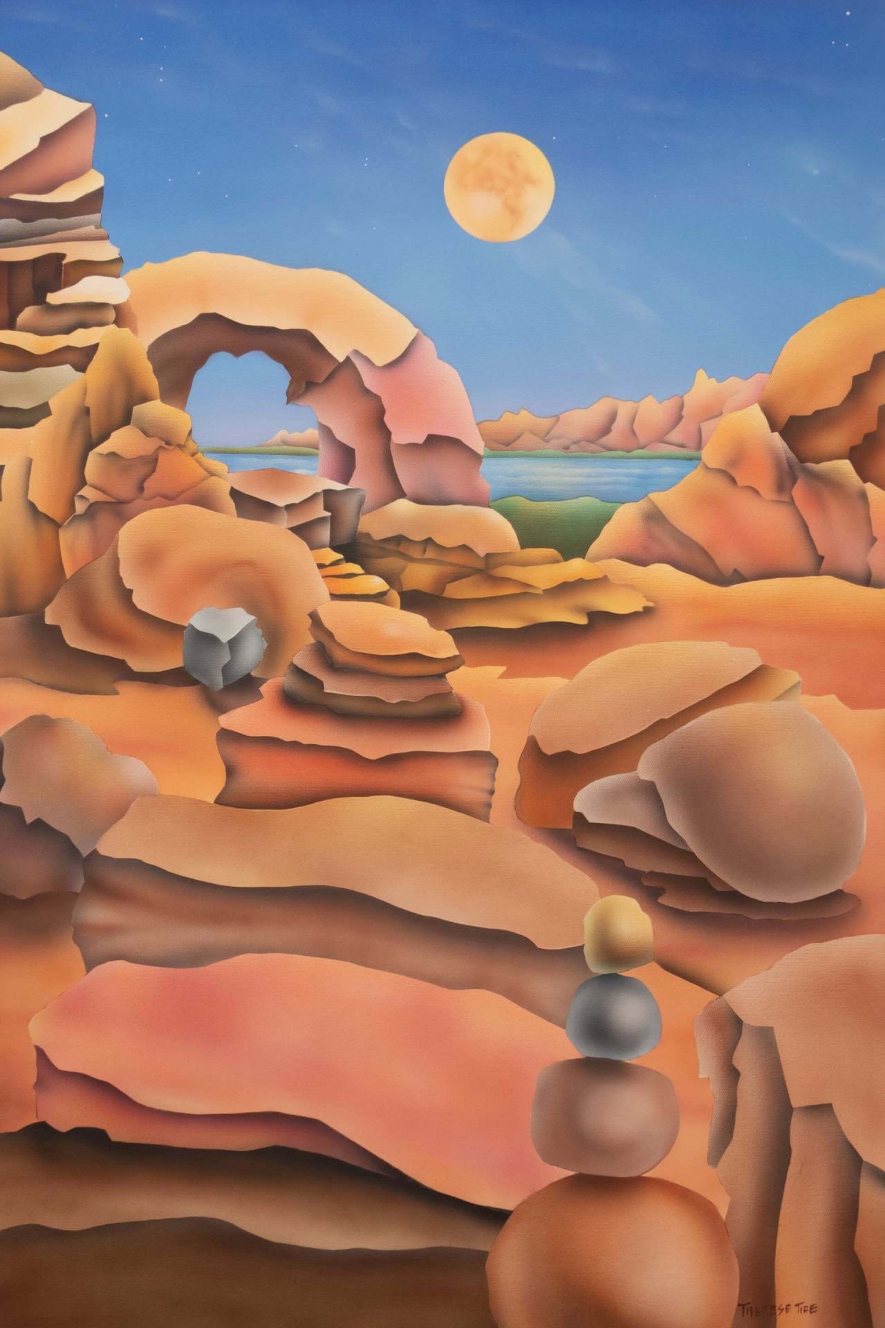 Moonlit desert landscape with layered sandstone rocks, a natural rock arch, stacked stones, and a calm sky