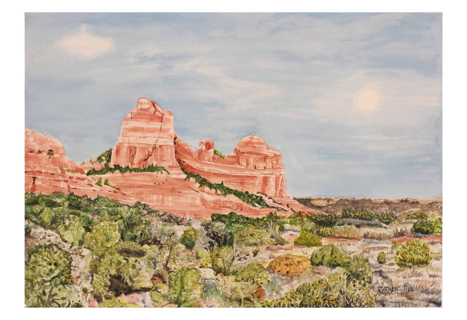 Watercolor painting of Sedona red rock formations under a soft moonlit sky with desert vegetation