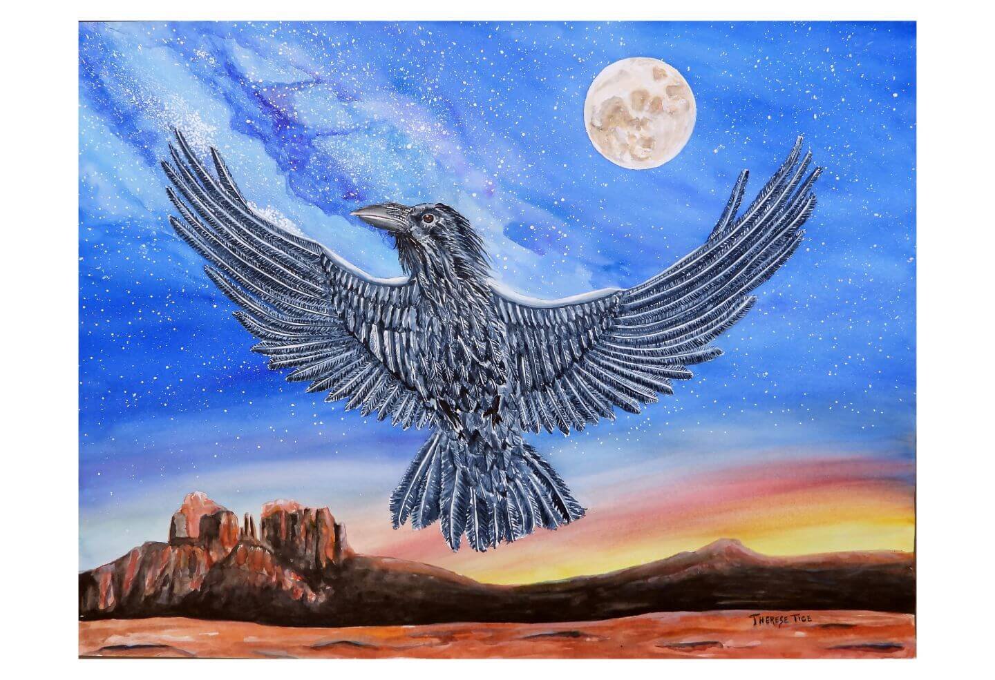 Watercolor painting of a raven flying at night over Cathedral Rock with moon and starry sky