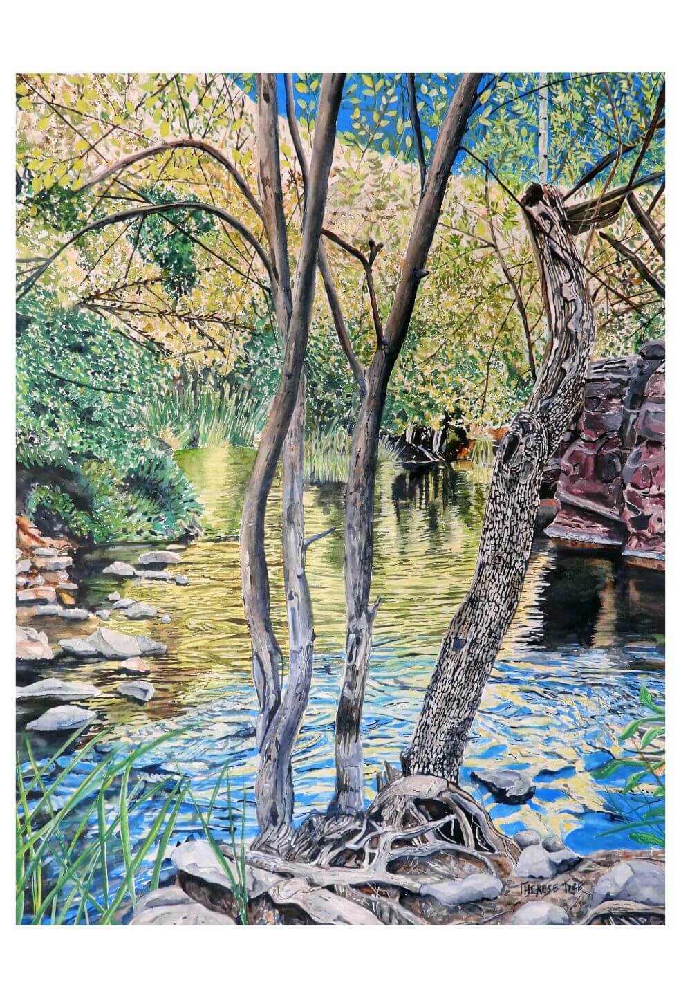 Watercolor painting of Oak Creek Canyon with flowing water, trees, and rocky shoreline