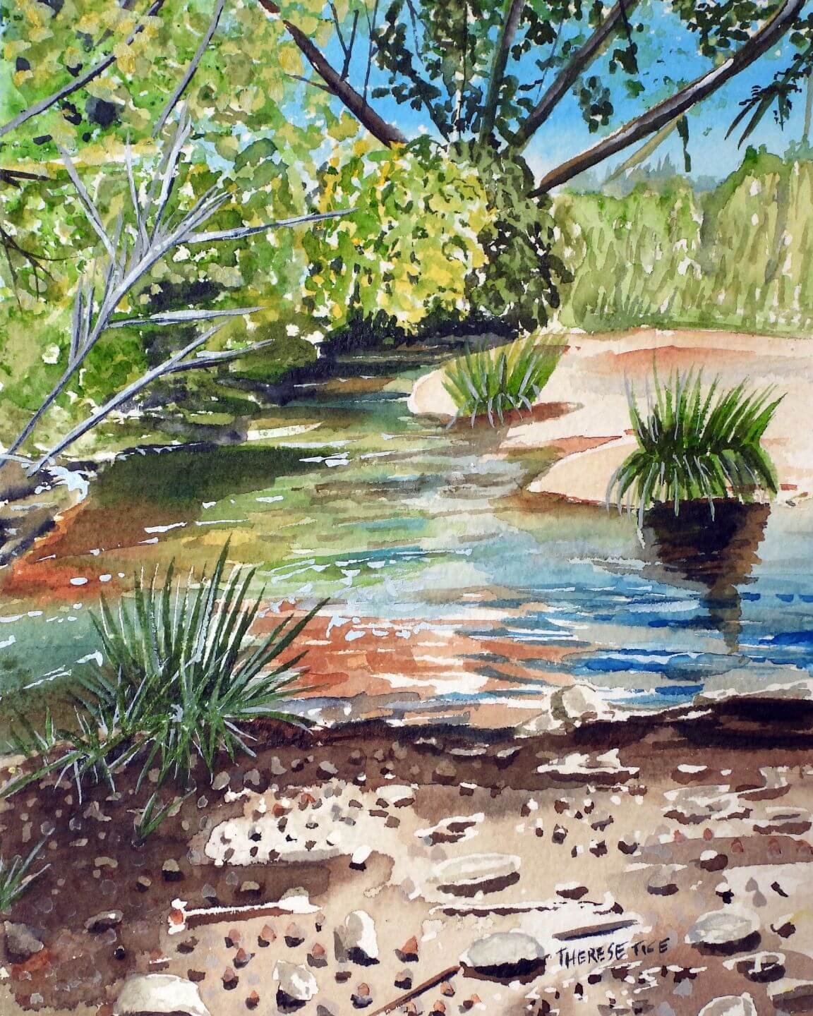 Watercolor painting of a calm creek with clear water, grasses, and leafy trees along the banks