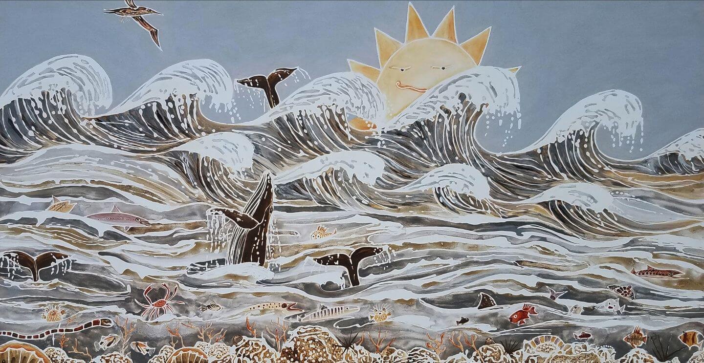 Stylized painting of rolling ocean waves with marine life and a sun rising above the sea