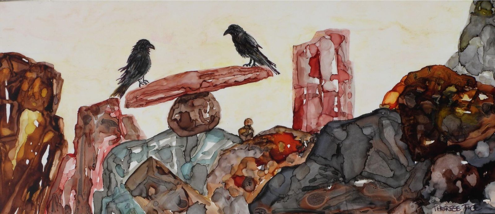 Two ravens perched on balancing rocks in a desert landscape painted in alcohol ink