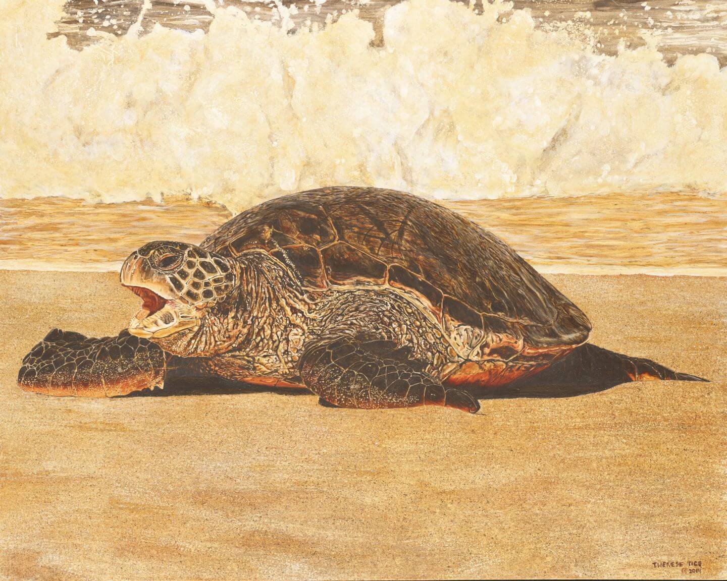 Sea turtle resting on a sandy beach with ocean waves breaking behind it