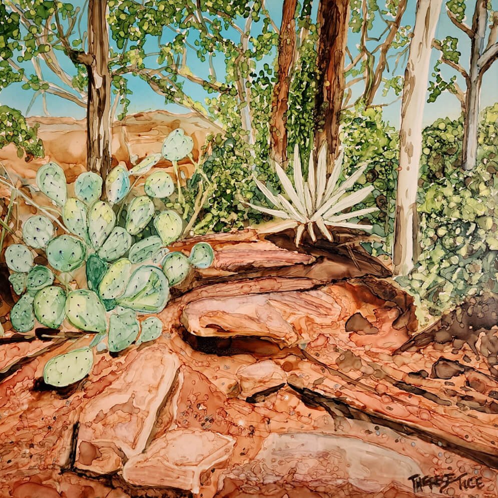 Watercolor desert landscape at Soldier Pass in Sedona with cactus, rock formations, and trees along a hiking trail