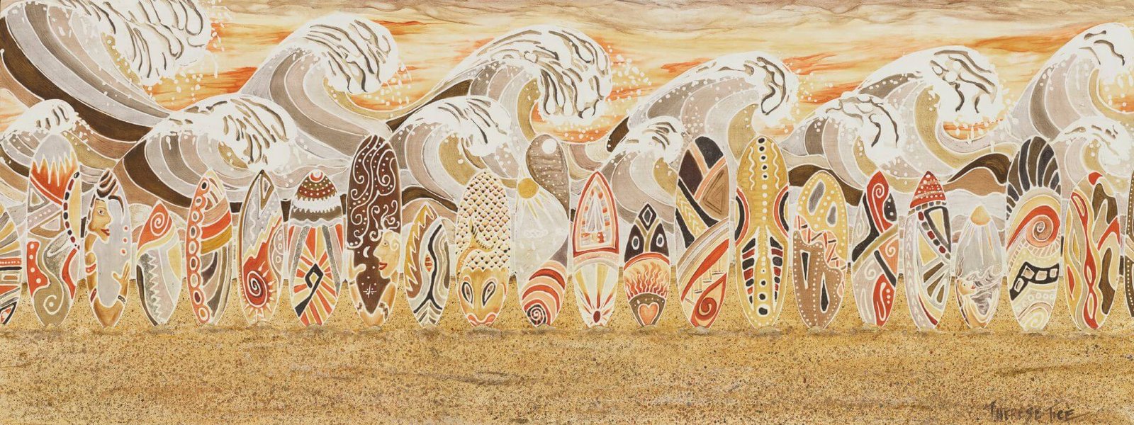 Stylized painting of colorful surfboards lined up on a sandy beach with rolling ocean waves behind them