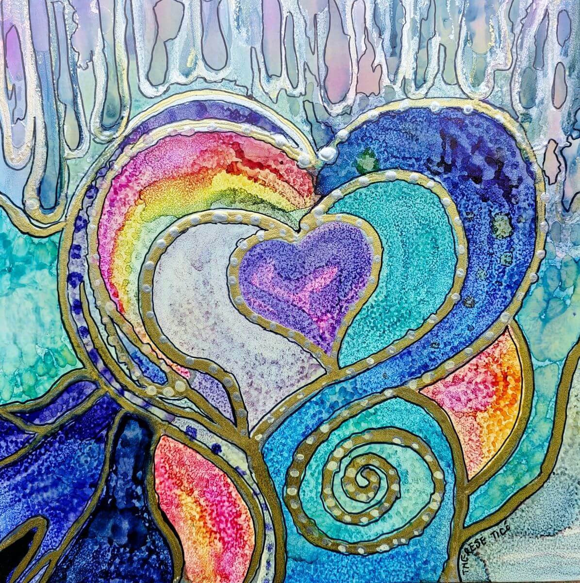 Abstract watercolor painting of layered swirling hearts in blue, teal, purple, and rainbow tones