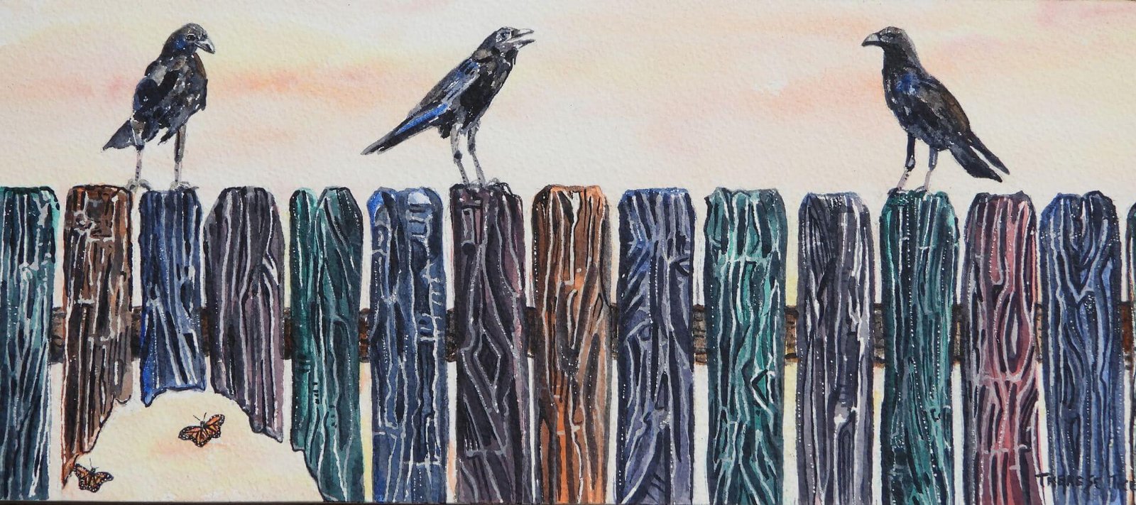 Watercolor painting of three ravens perched on a rustic wooden fence with soft sky background