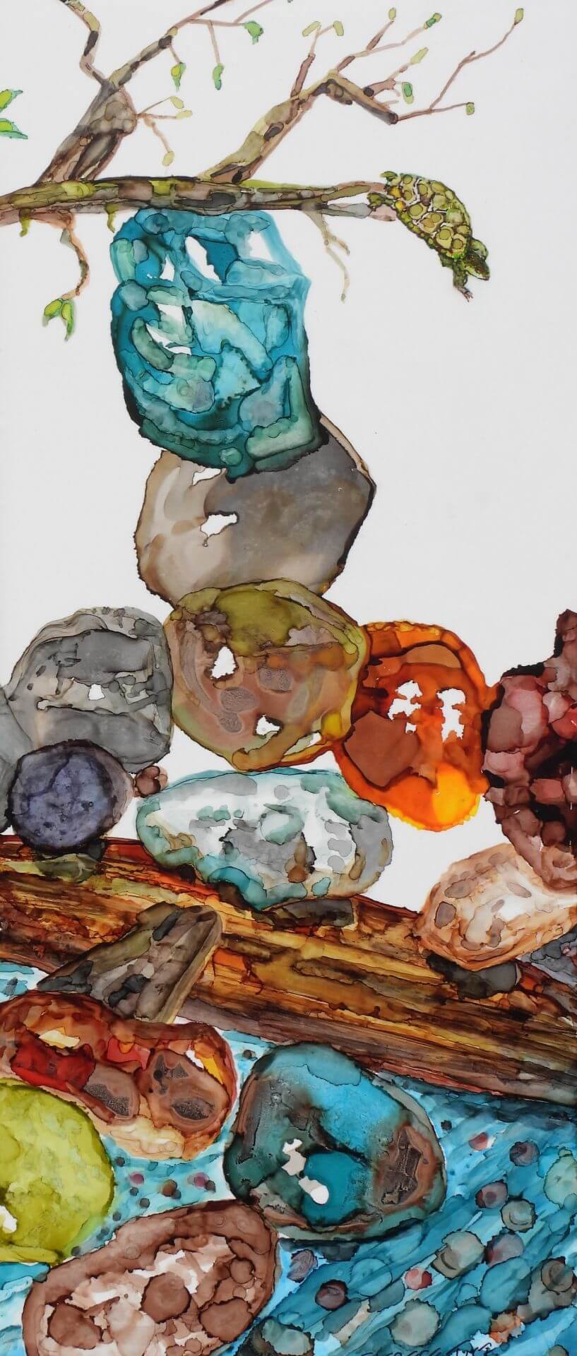 Turtle resting on rocks near the Verde River illustrated in alcohol ink style