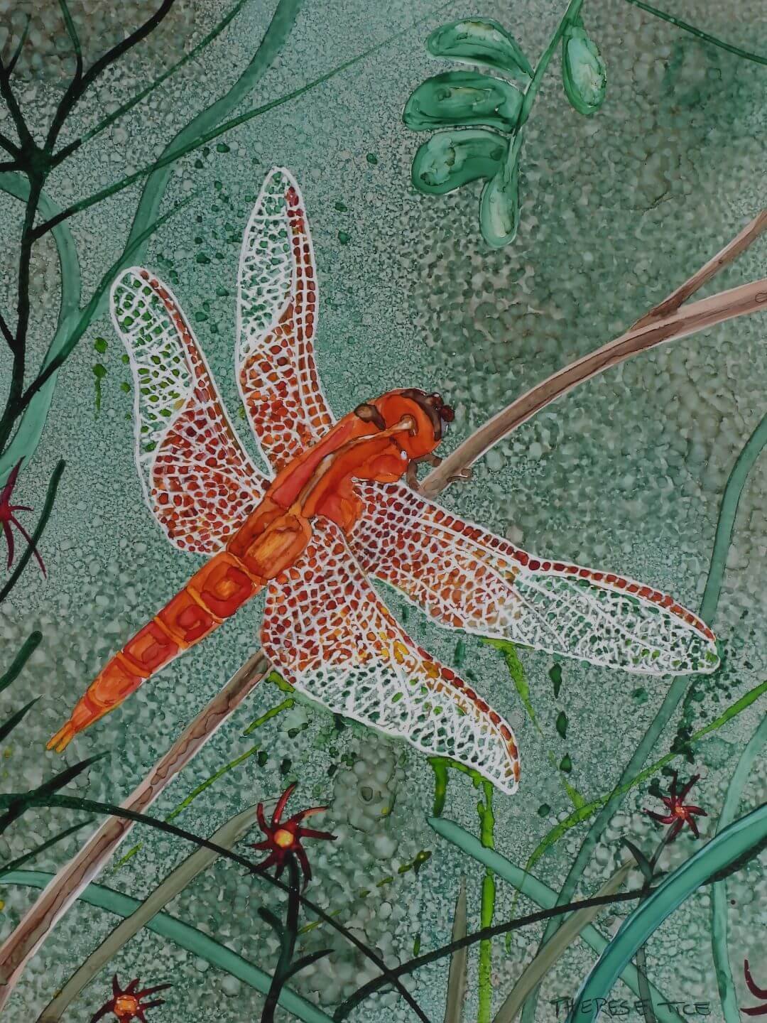 Watercolor painting of an orange dragonfly with detailed wings resting among green grasses and textured background
