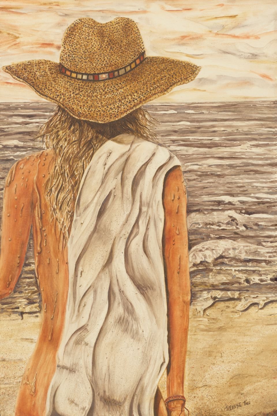 Watercolor painting of a woman in a straw hat standing at the shoreline, gazing out at the ocean